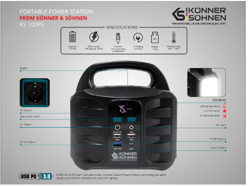 Konner &amp; Sohnen 100PS Portable Power Station